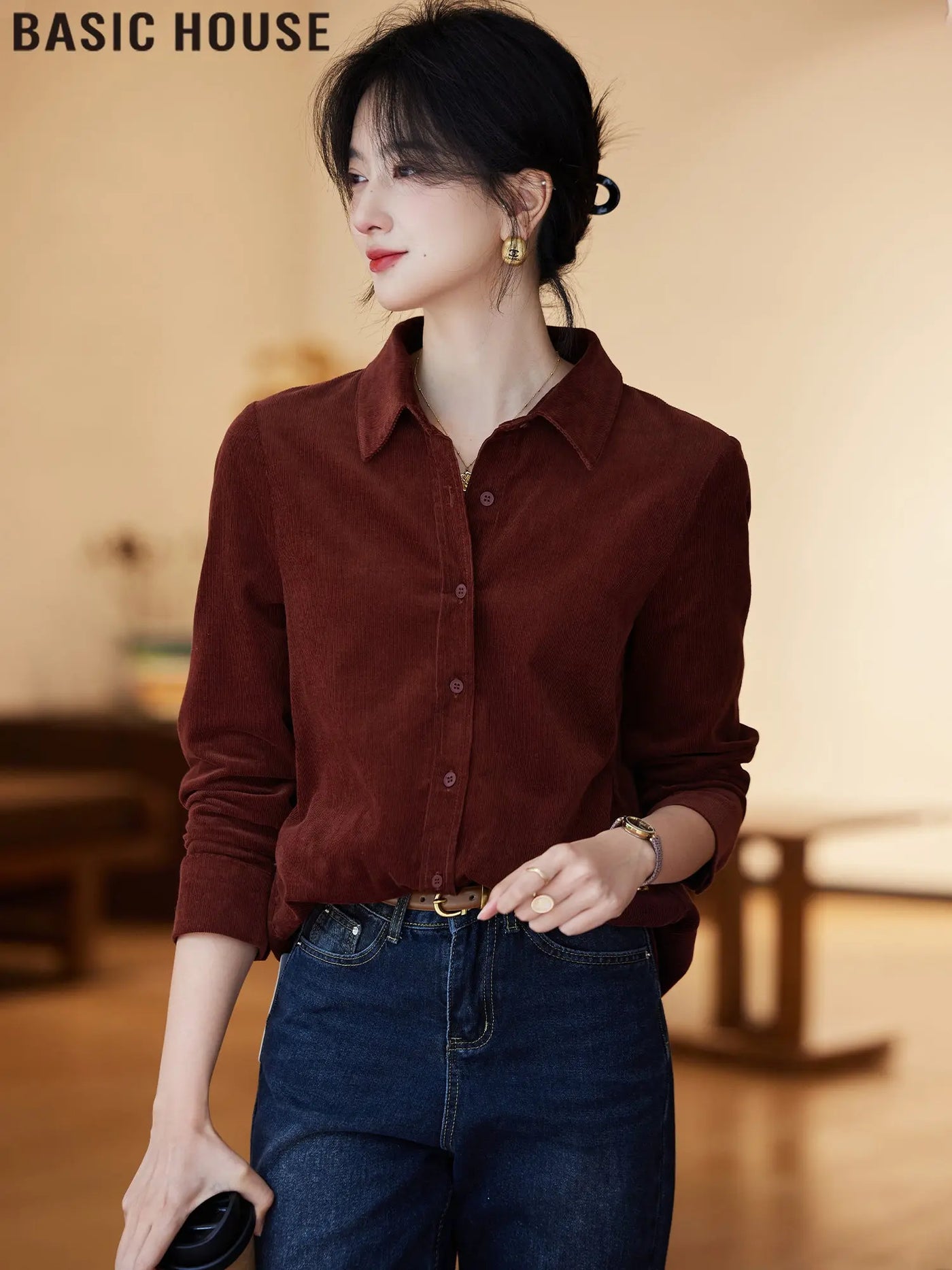 Basic House/Baijiahao Half-Day Leisure Ankela Red Corduroy Shirt for Women 2025 Spring New Arrival  Pre2brand