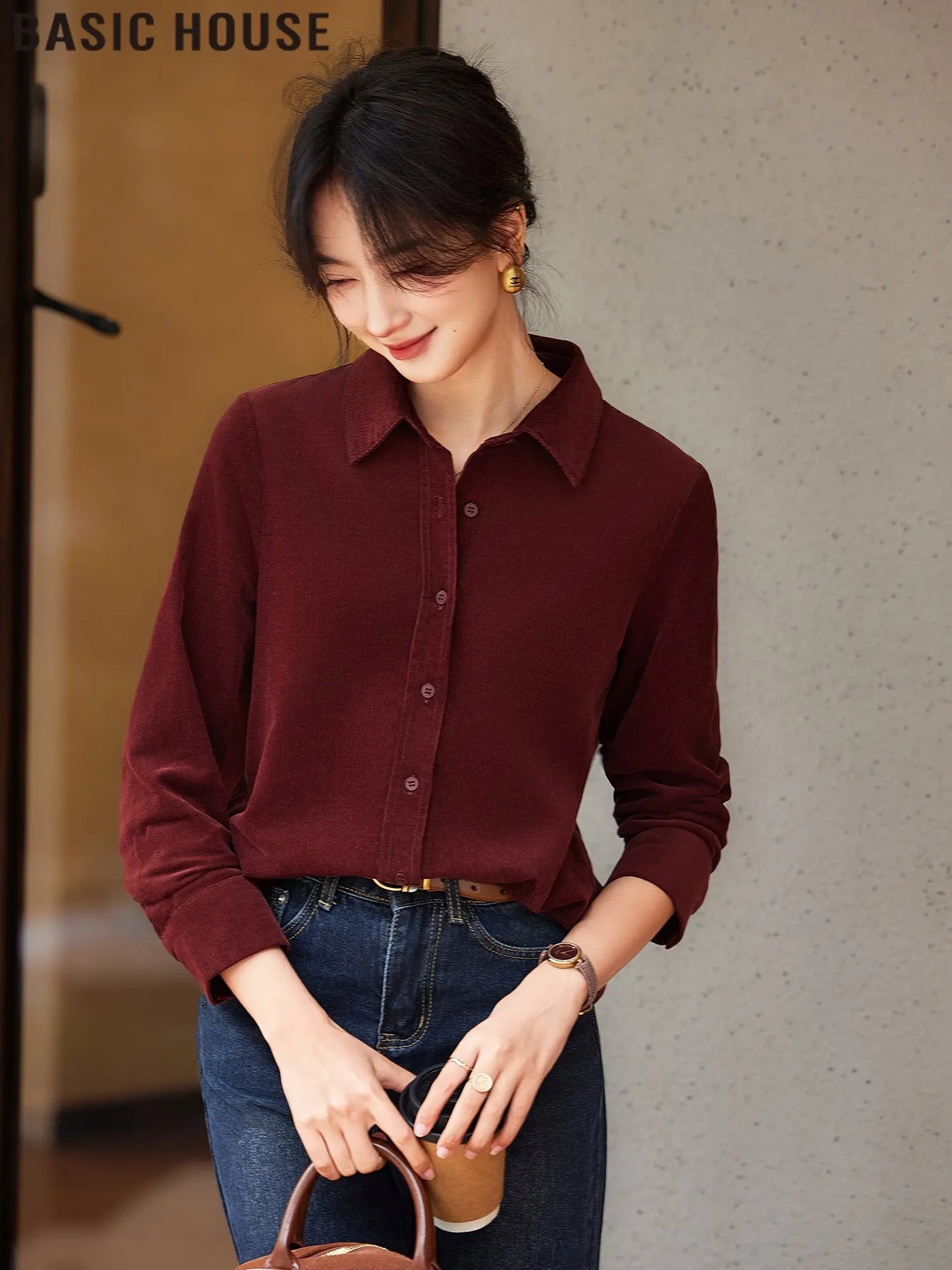 Basic House/Baijiahao Half-Day Leisure Ankela Red Corduroy Shirt for Women 2025 Spring New Arrival  Pre2brand