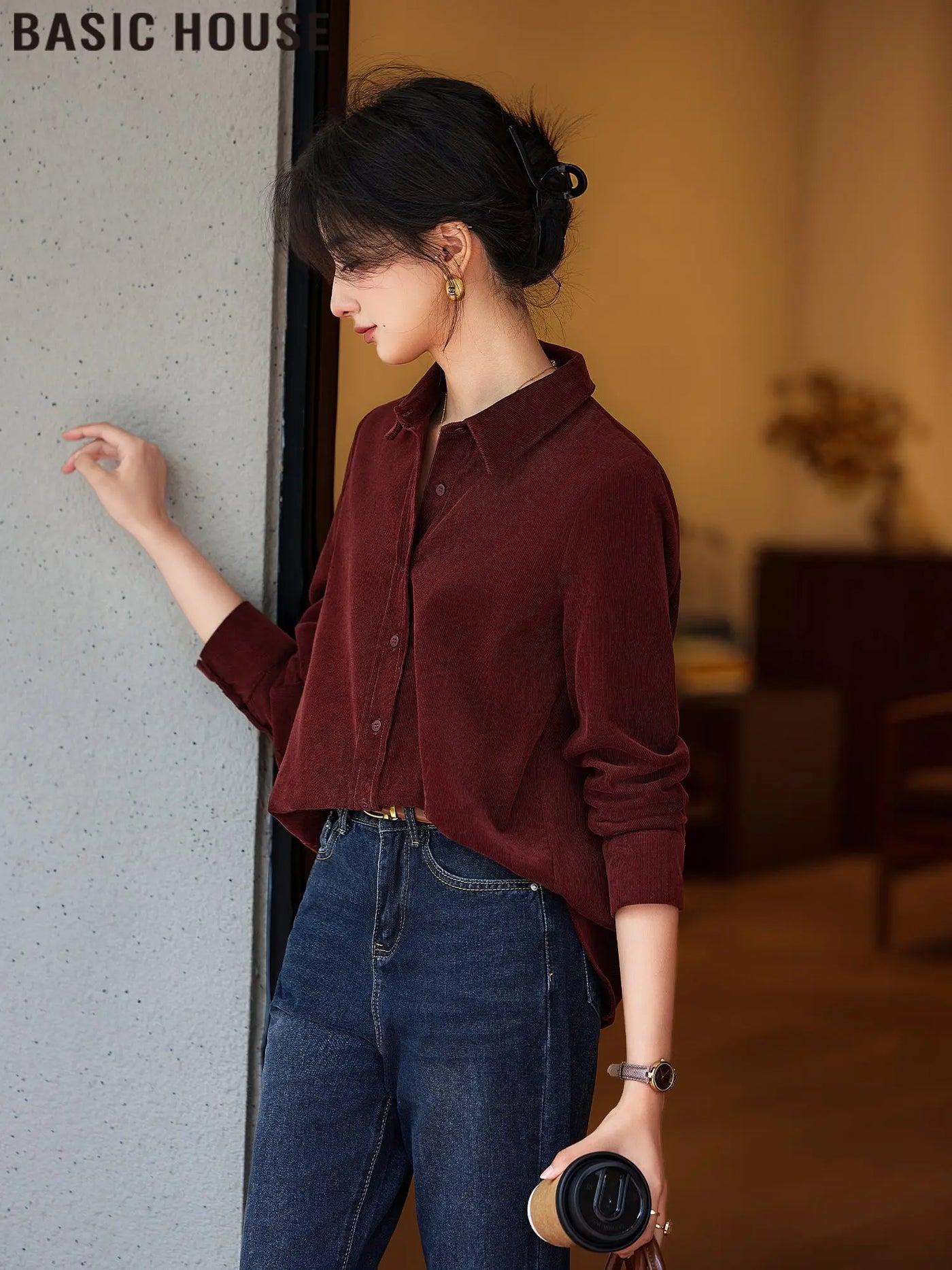 Basic House/Baijiahao Half-Day Leisure Ankela Red Corduroy Shirt for Women 2025 Spring New Arrival  Pre2brand