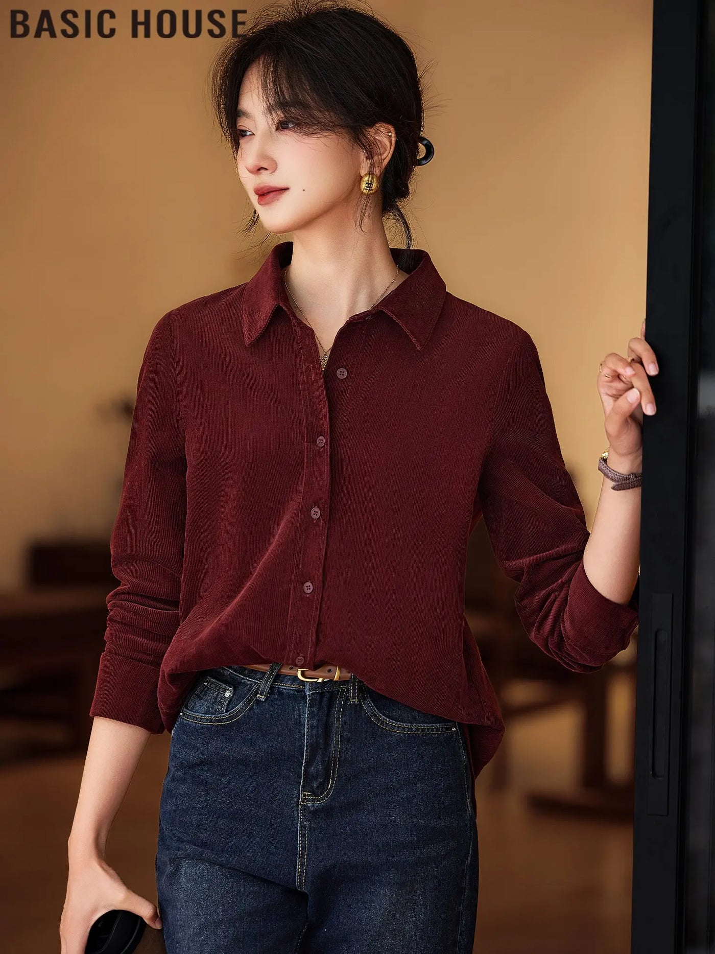 Basic House/Baijiahao Half-Day Leisure Ankela Red Corduroy Shirt for Women 2025 Spring New Arrival  Pre2brand